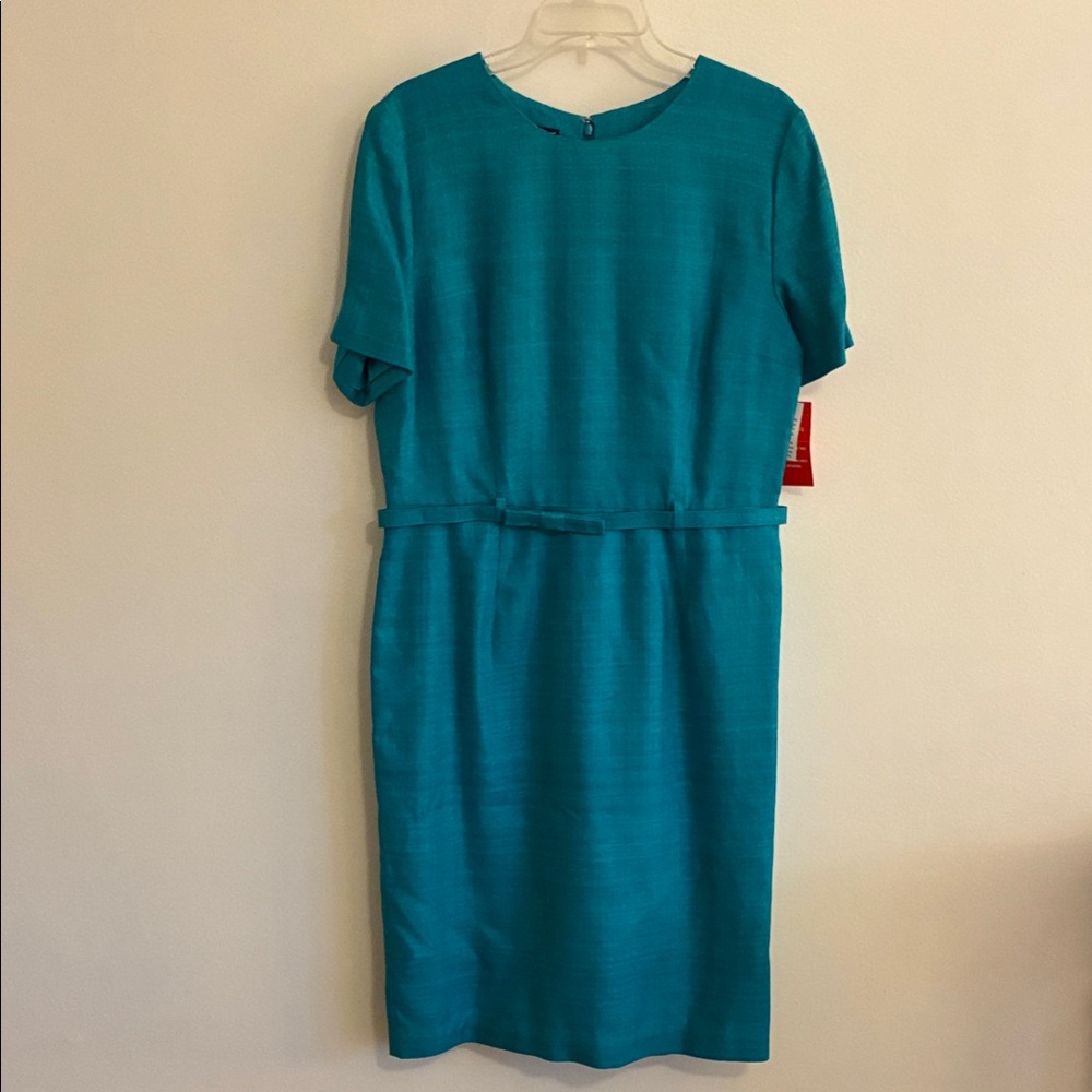 Vintage Barrie Pace Short-Sleeve Silk Dress with Skinny Bow Belt in Teal, NWT
